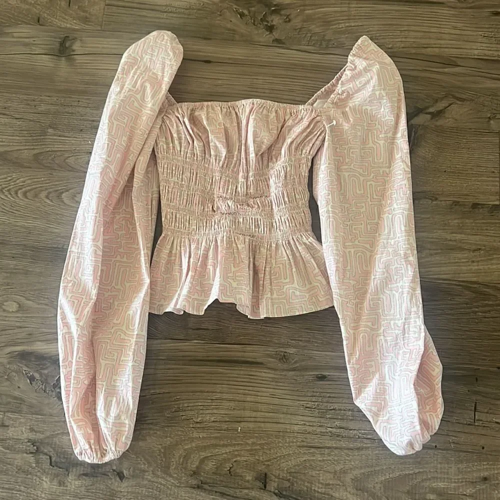 Staud Jules Top Smocked Square Neck Puff Sleeve Long Sleeve Pastel Maze XS